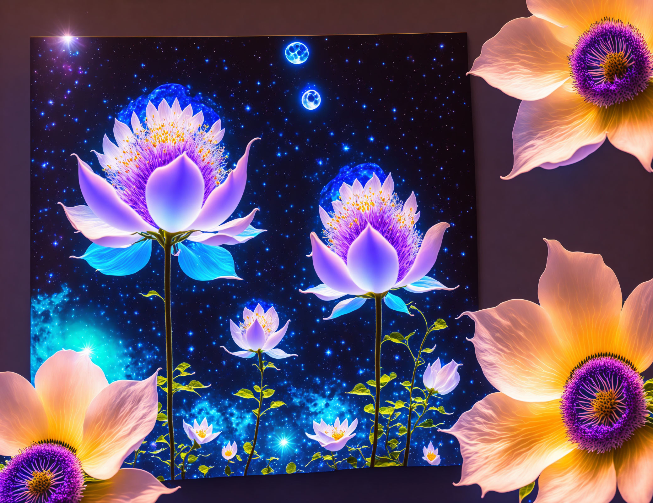 Colorful digital artwork: luminescent lotus flowers on cosmic backdrop with yellow flowers.