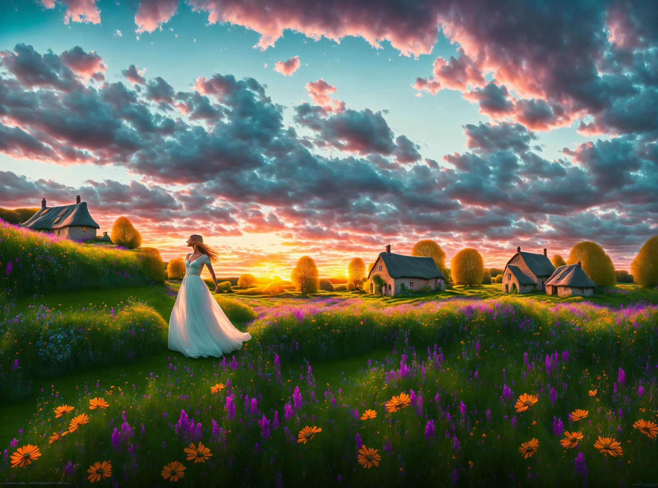 Woman in white dress in colorful meadow at sunset with cottages and vibrant sky.
