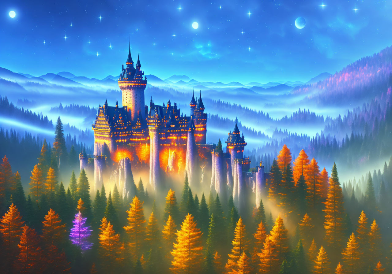 Enchanting castle illuminated at night in misty forested landscape