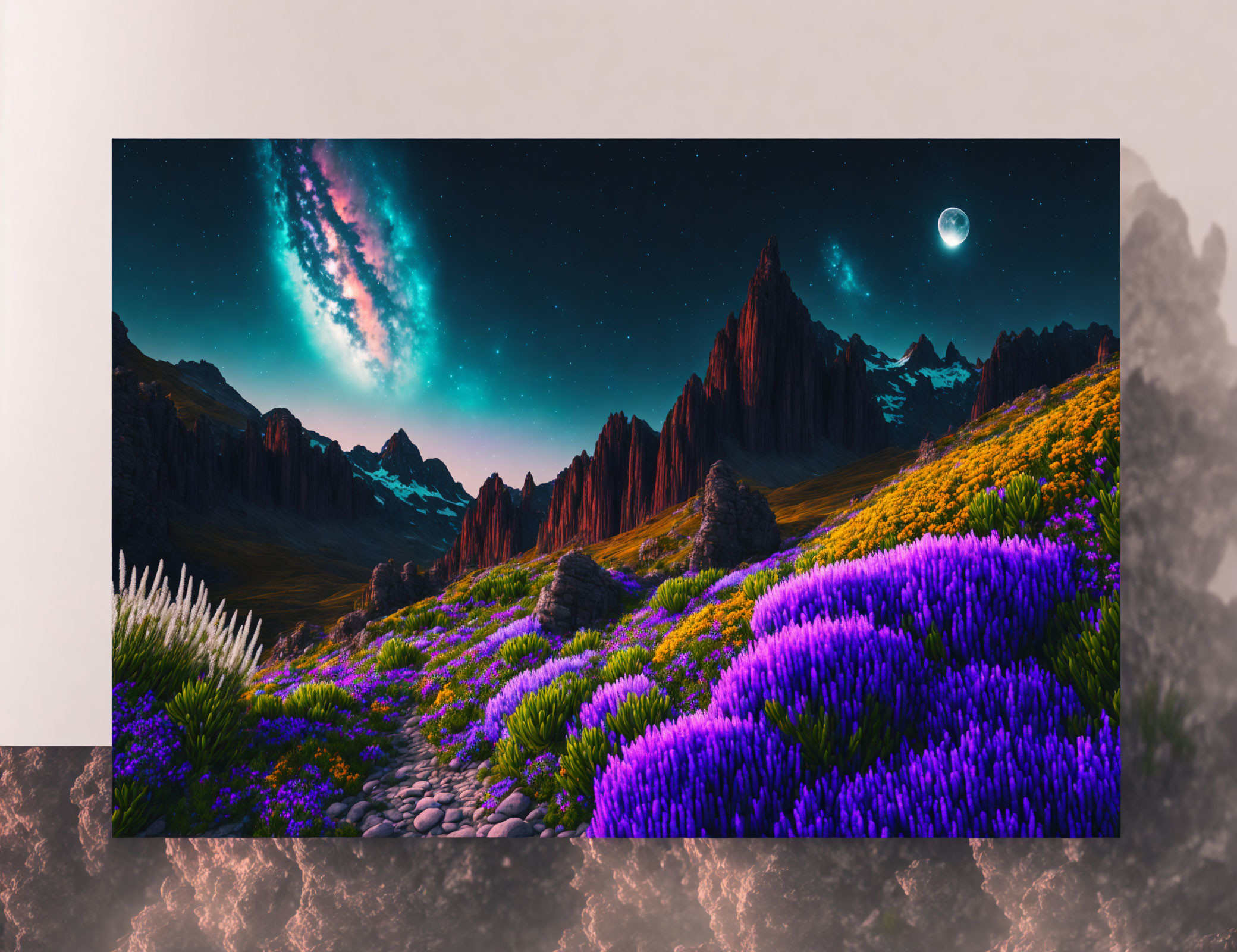 Scenic landscape with purple flowers, mountains, starry sky, aurora, crescent moon