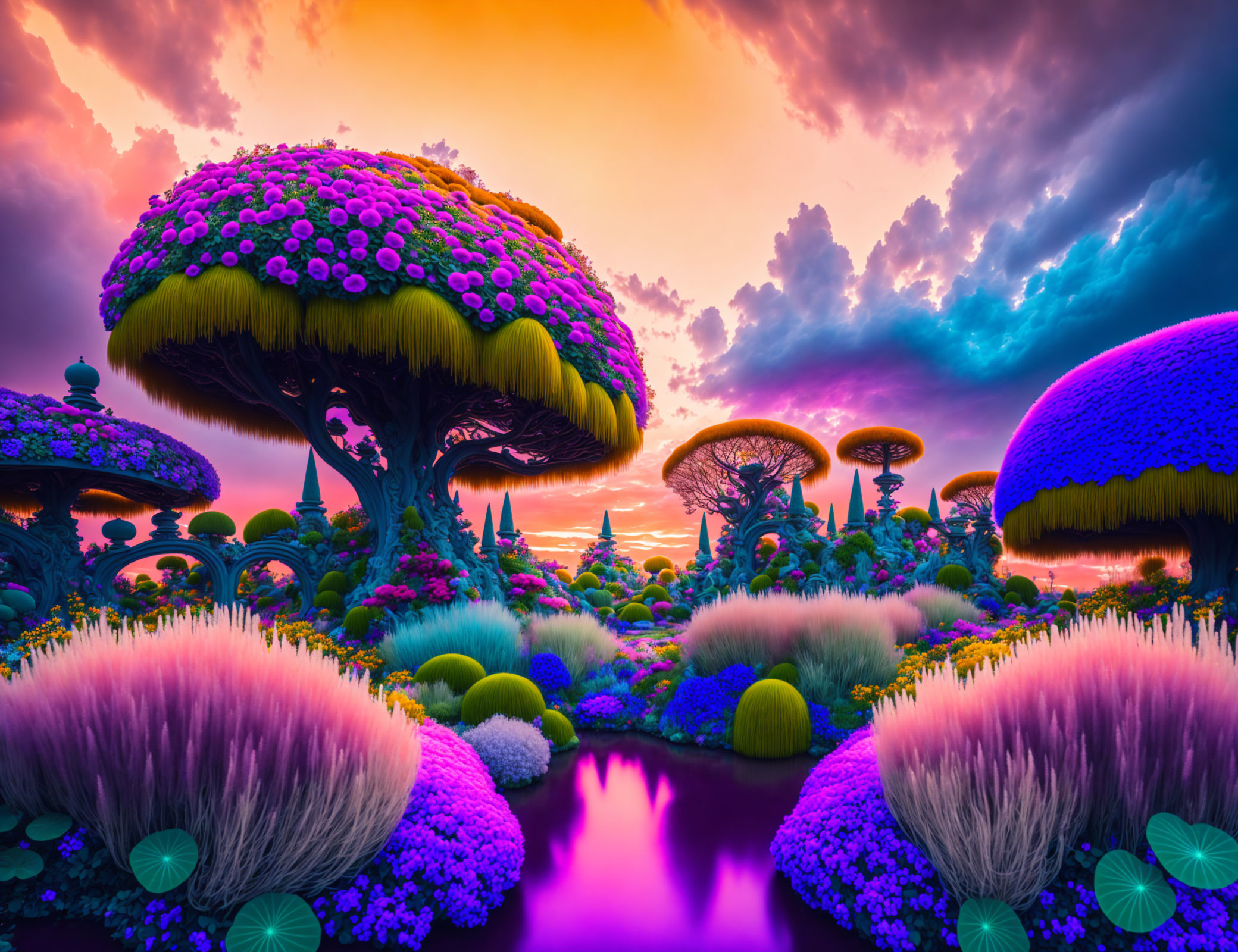 Colorful Mushroom Landscape with Whimsical Flora and Dramatic Sunset Sky