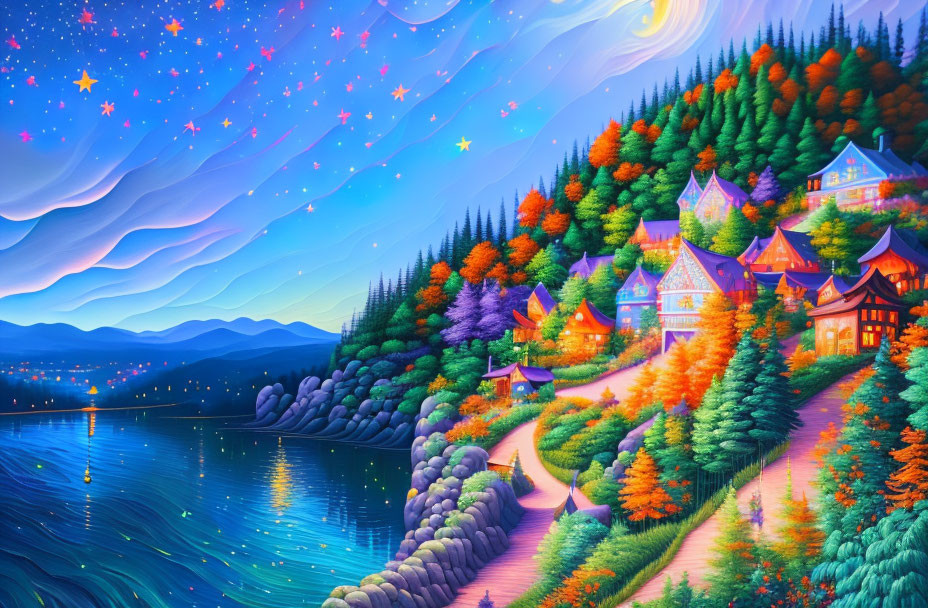 Colorful Forest and Serene Lake in Starry Night Scene