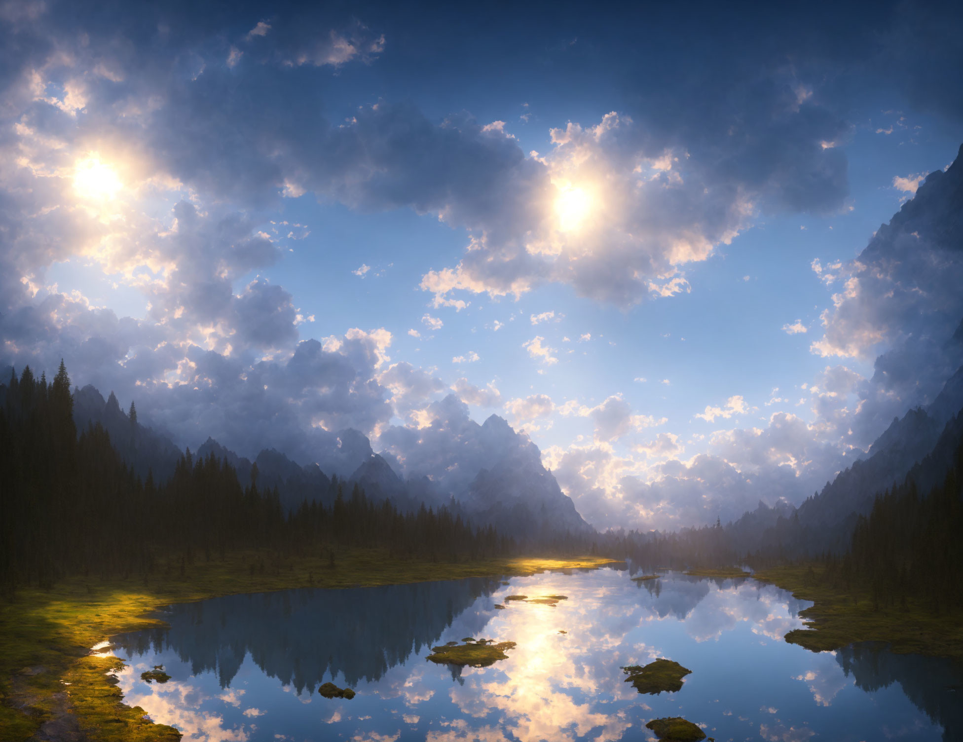 Tranquil landscape with reflective lake, forest, mountains, and twin suns