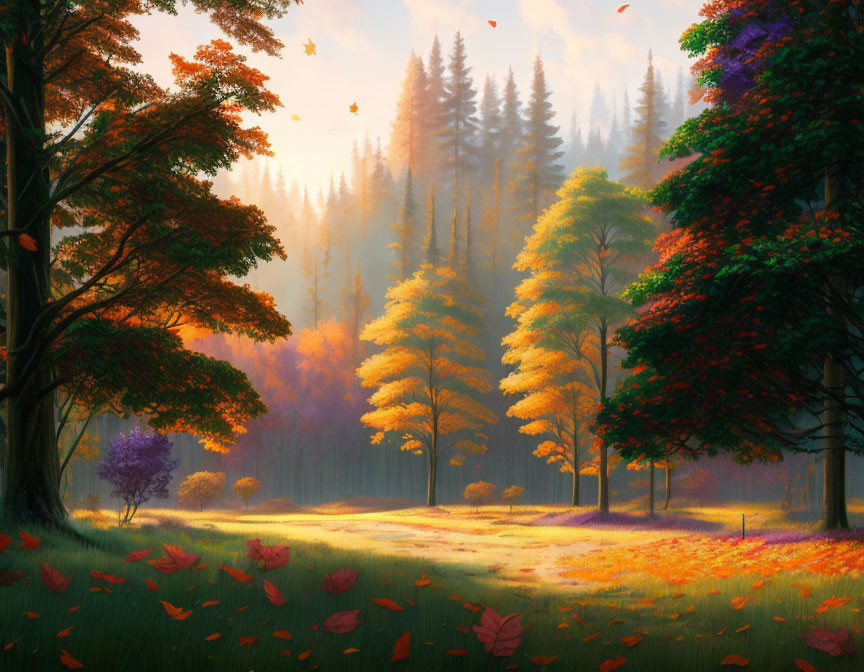 Tranquil forest scene with vibrant autumn leaves and sunrise glow