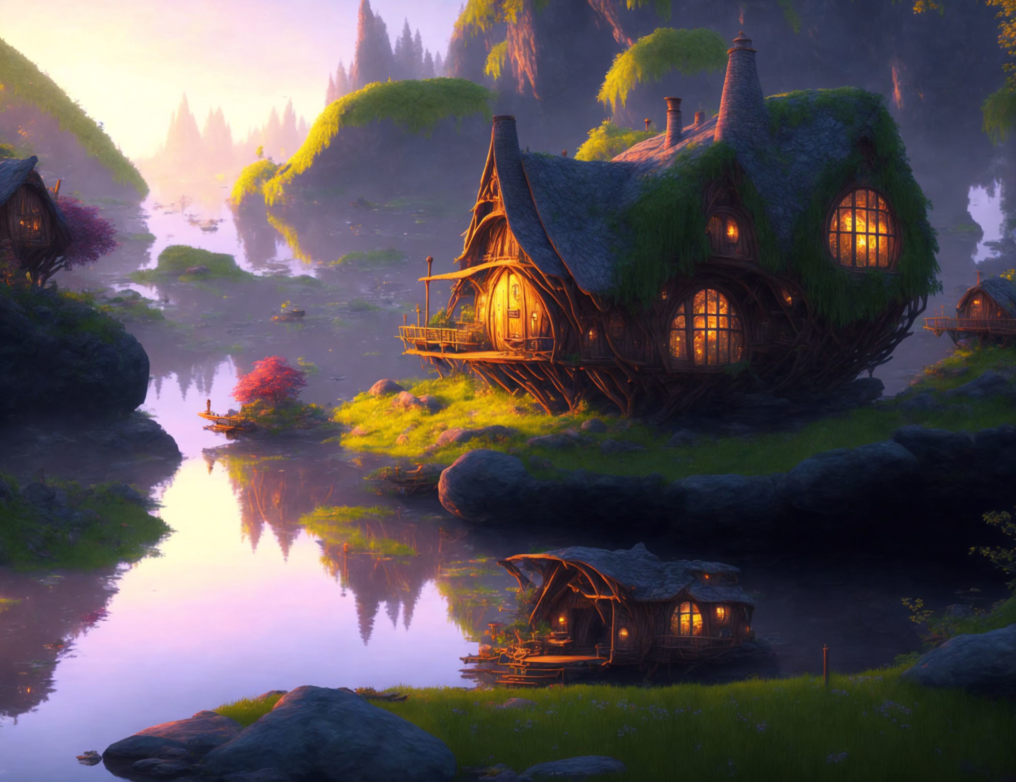 Twilight scene: Illuminated fantasy houses by river in foggy forest