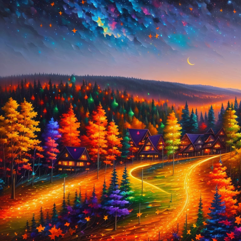 Colorful Autumn Forest with Starry Night Sky and Cozy Houses