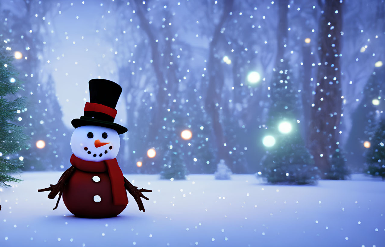 Cheerful snowman in snowy forest with top hat and carrot nose