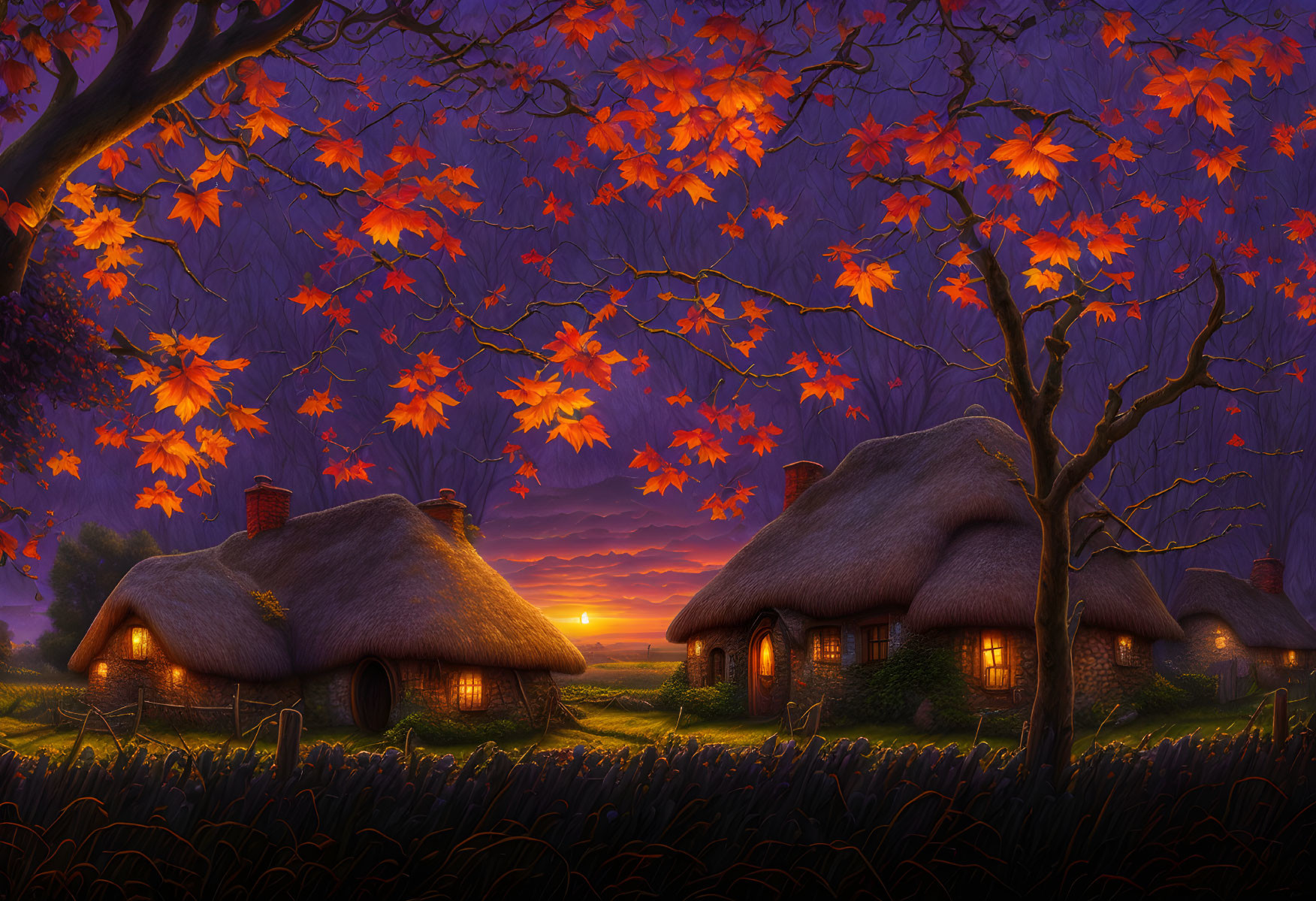 Serene village at twilight with thatched-roof cottages amid autumnal trees