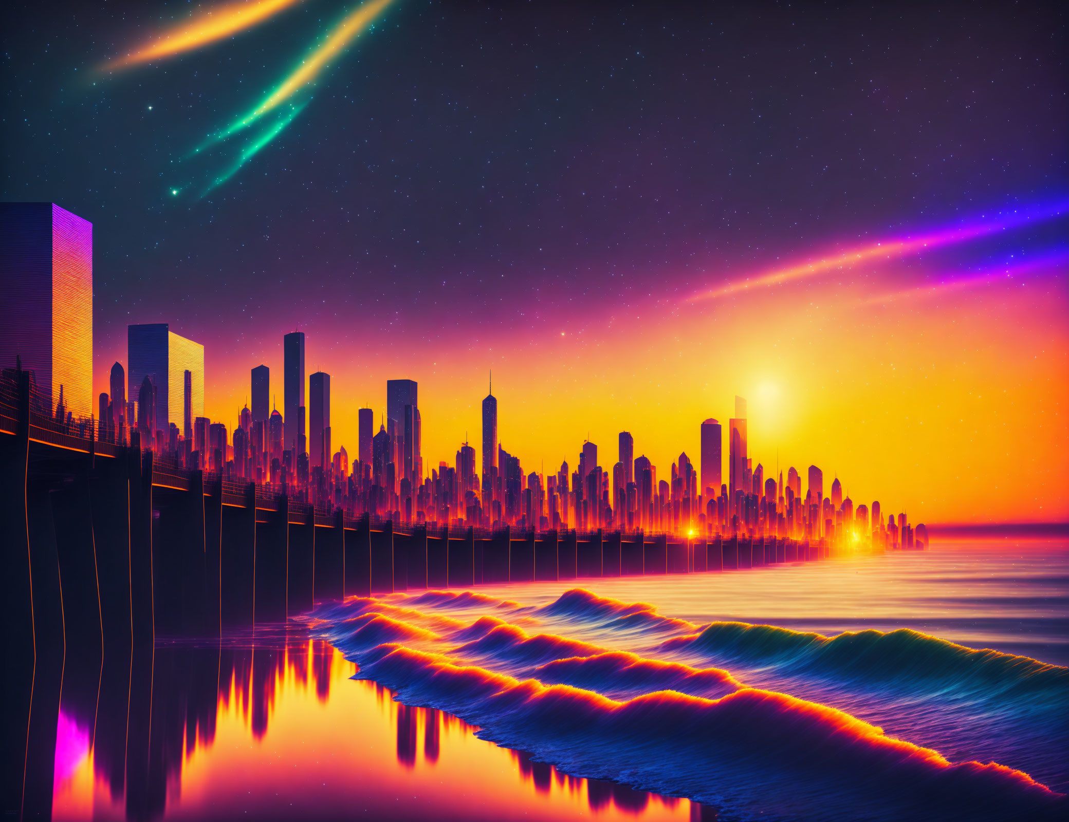 Futuristic city skyline digital artwork with neon glow and comet.