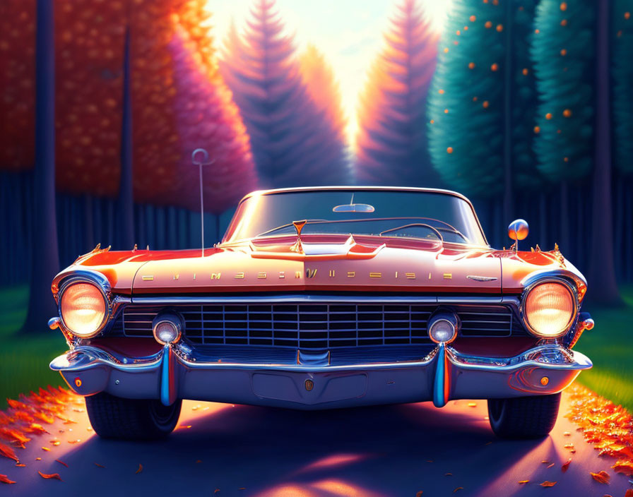 Vintage car on forest road at sunset with warm light and fallen leaves