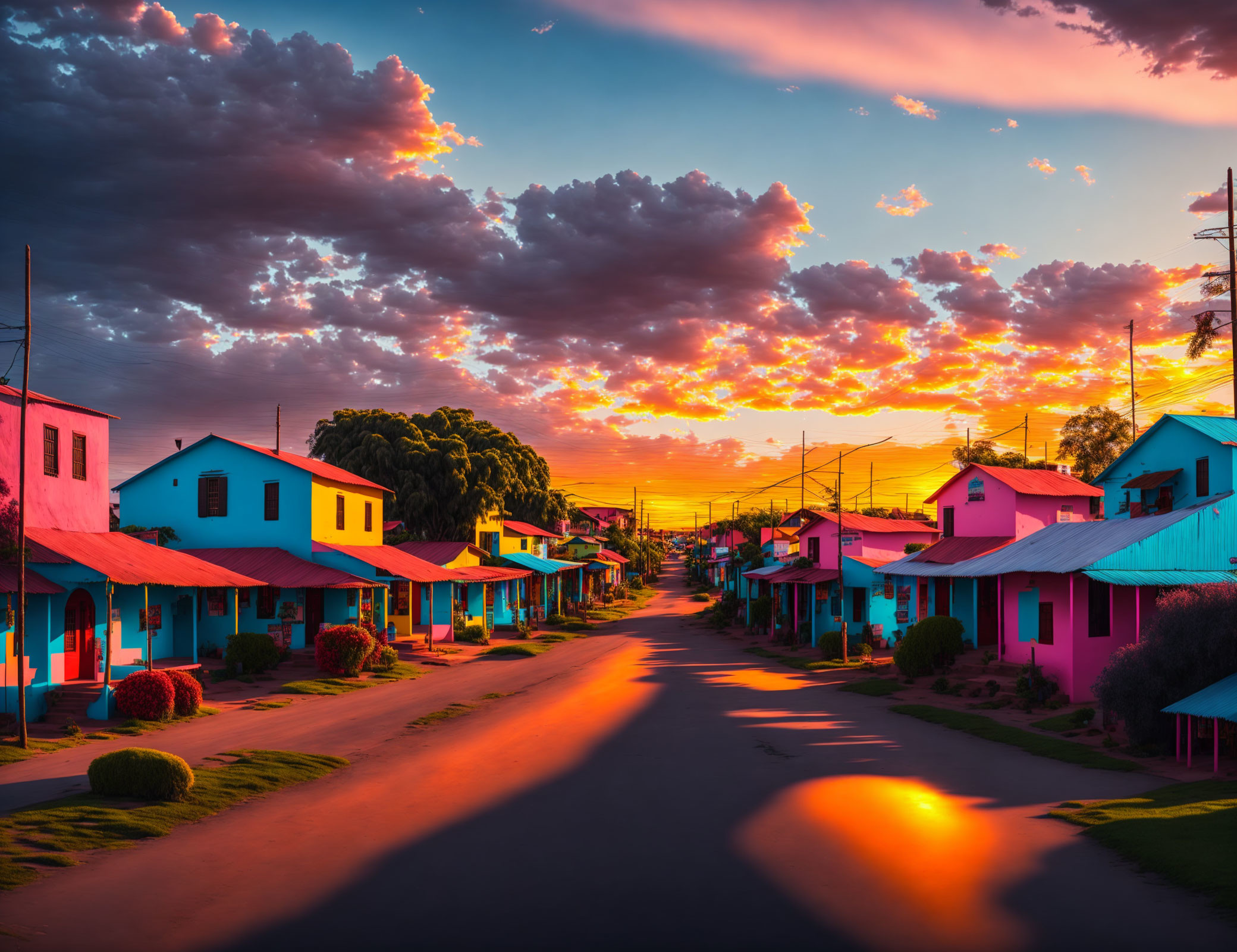 Colorful houses under warm sunset light on a street with cool shadows