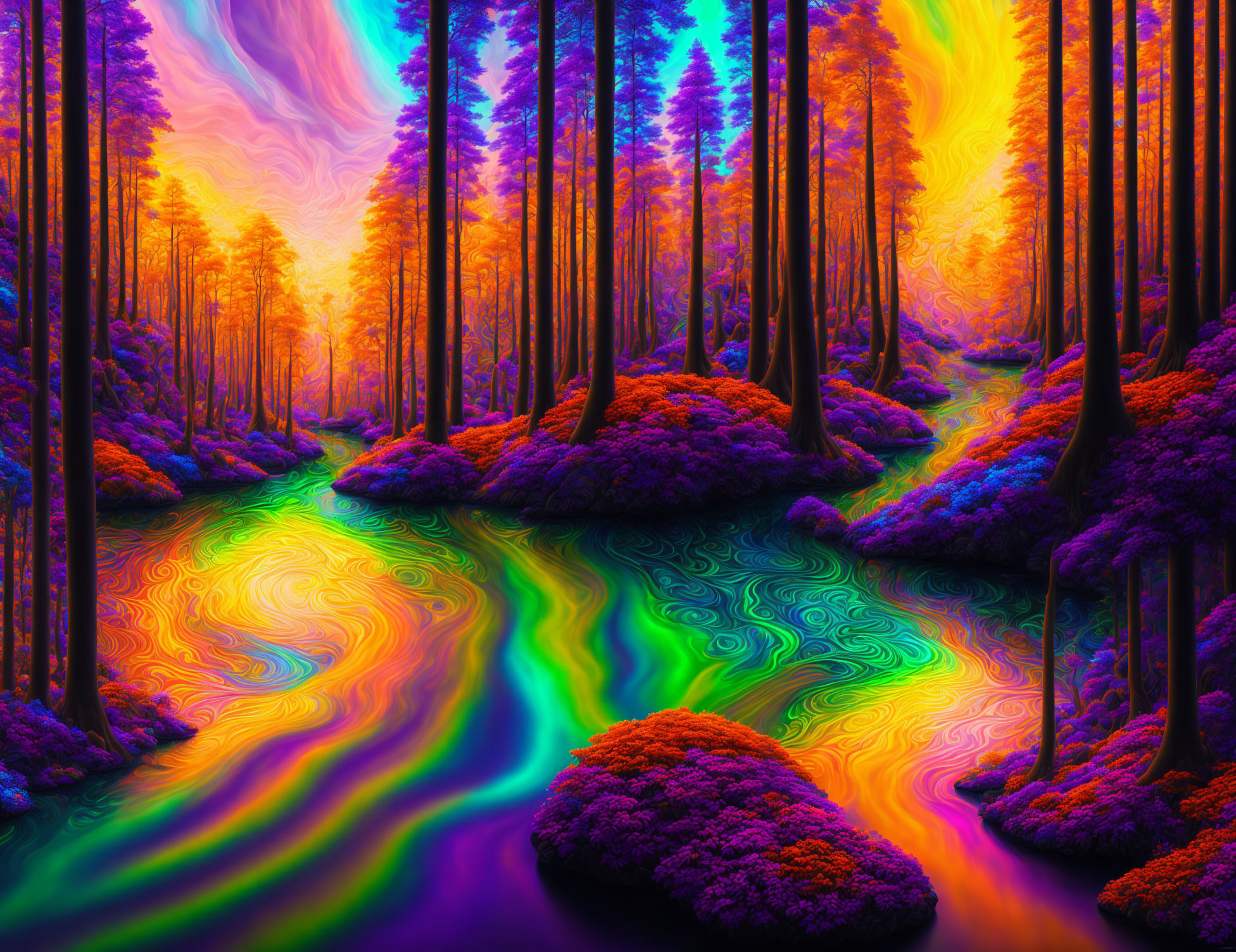 Colorful Psychedelic Landscape with River and Fantastical Trees