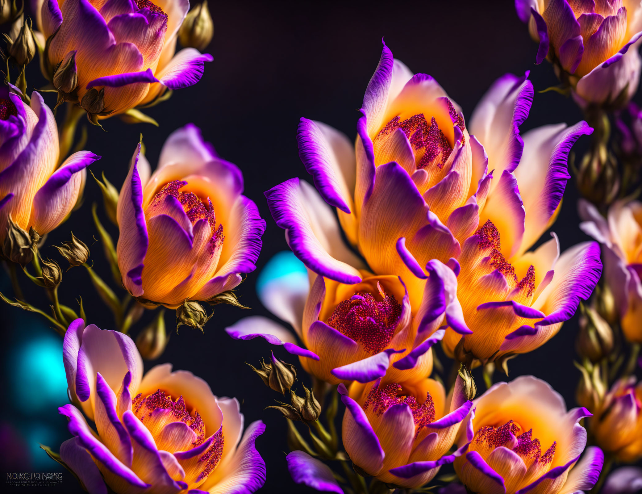 Colorful Purple and Orange Flowers on Dark Background