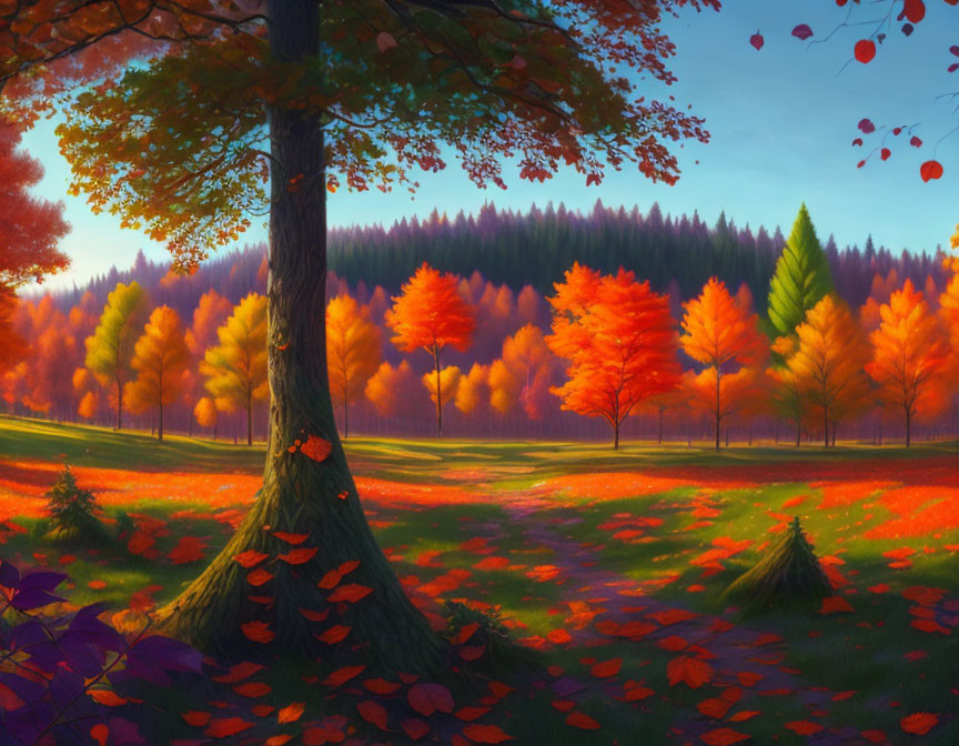 Colorful Autumn Forest with Falling Leaves and Red Carpet beneath Sunset Sky