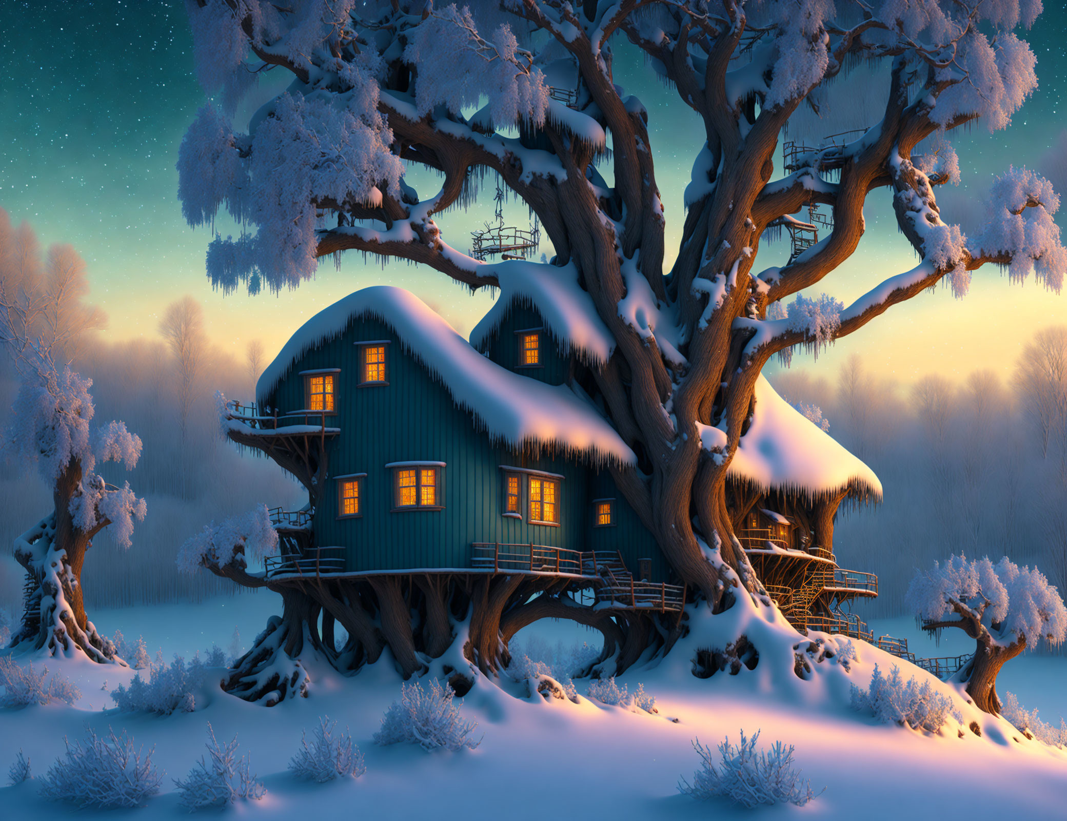 Snow-covered treehouse in leafless tree at twilight