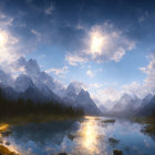 Tranquil landscape with reflective lake, forest, mountains, and twin suns