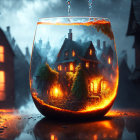 Miniature snow-capped village in fishbowl with warm lights in rainy setting