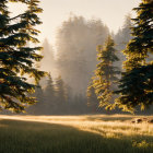 Tranquil forest scene with vibrant autumn leaves and sunrise glow