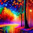 Colorful Forest with Neon Lights and Magical Pathway