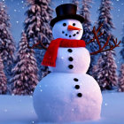 Cheerful Snowman with Top Hat and Red Scarf in Snowy Forest