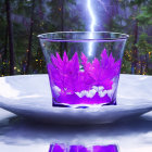 Miniature purple-pink forest in transparent cup on teal backdrop