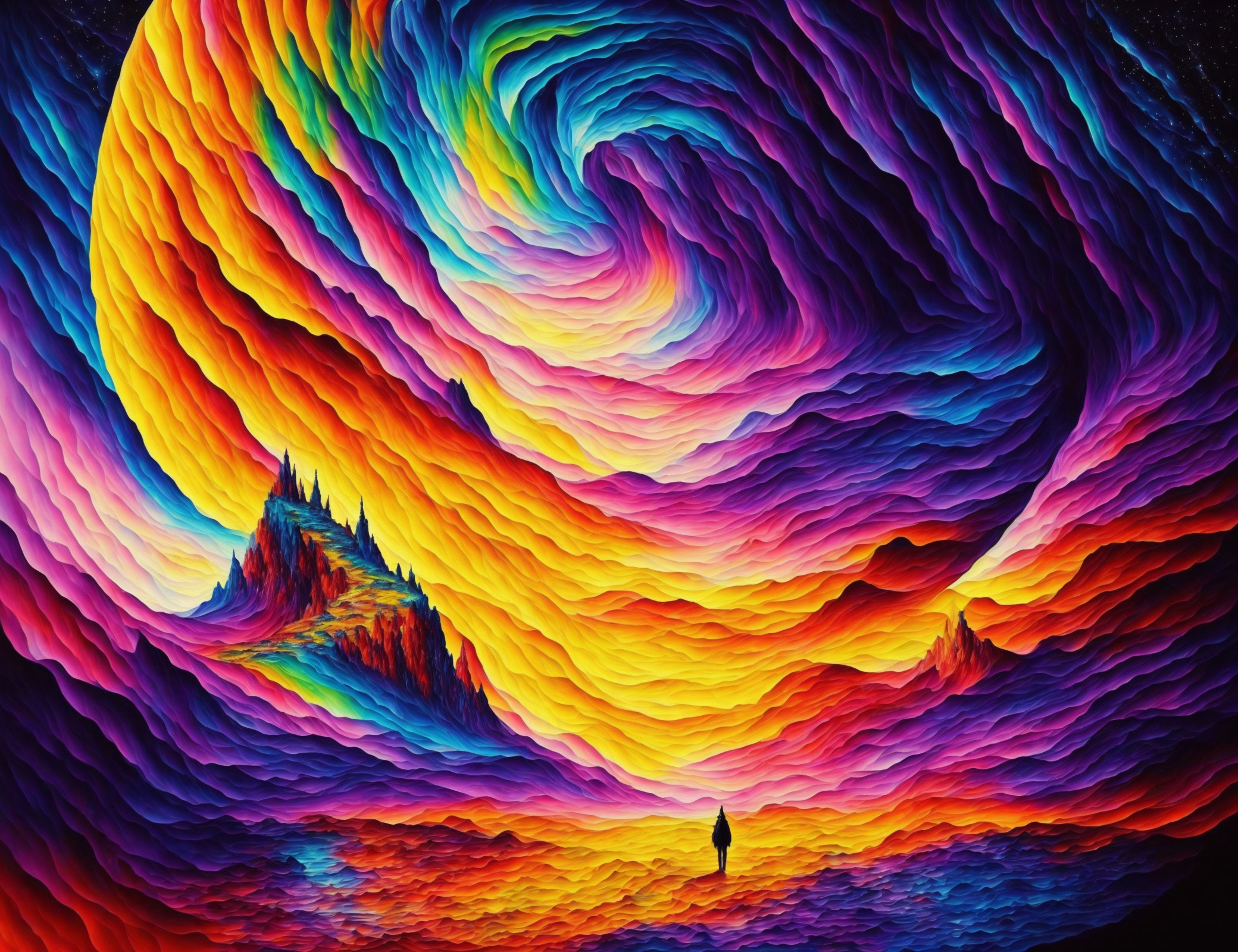 Colorful surreal painting: Person in front of swirling, bright waves over dark landscape