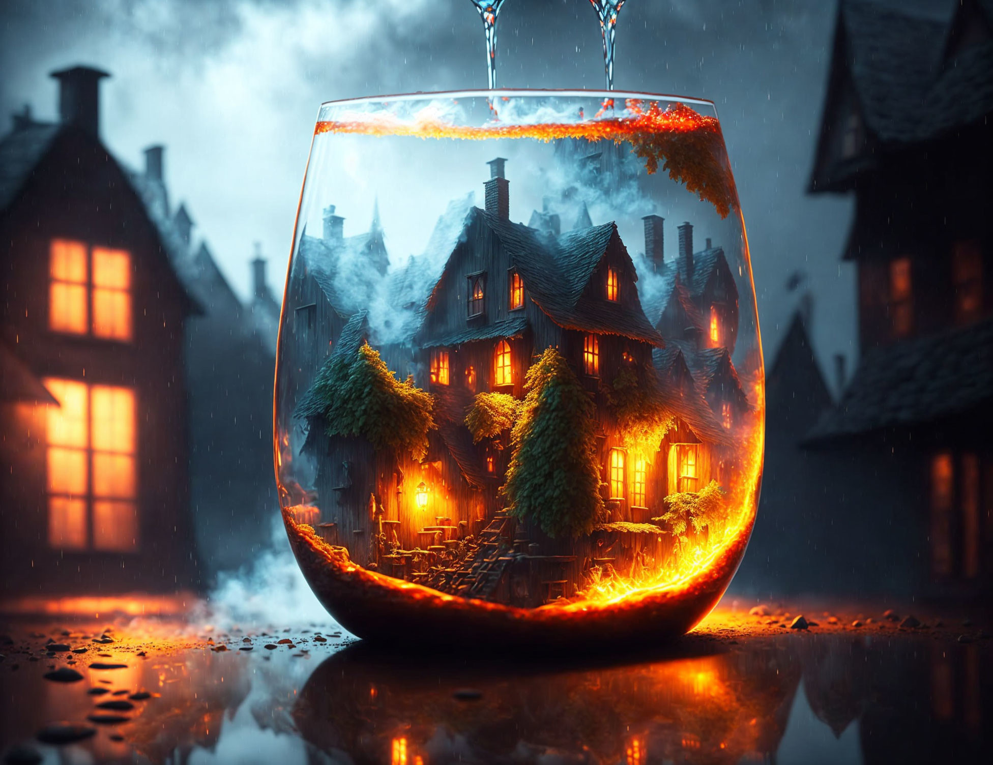 Miniature snow-capped village in fishbowl with warm lights in rainy setting