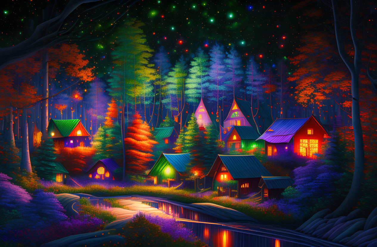 Colorful fantasy village with glowing houses and starlit sky over tranquil river