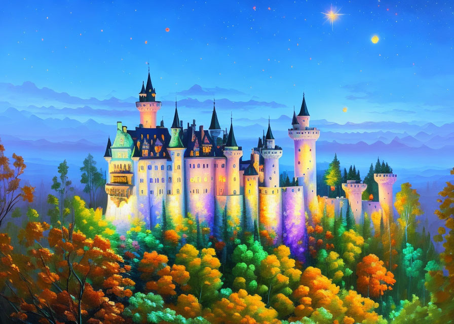 Colorful autumn forest with fairy tale castle under starry sky