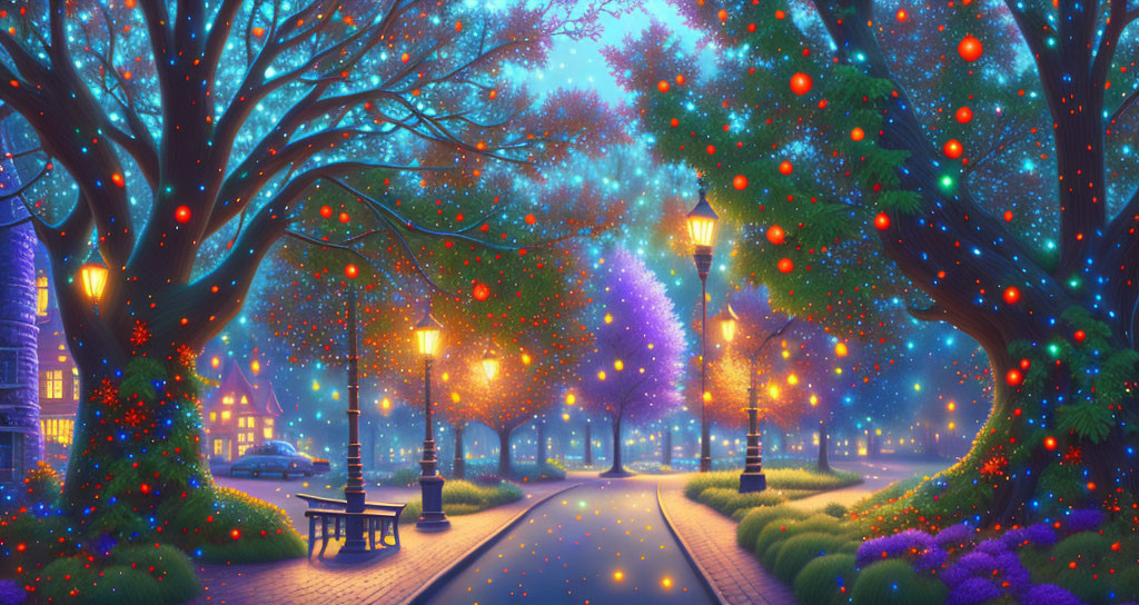 Colorful Twilight Park with Glowing Trees and Sparkling Lights