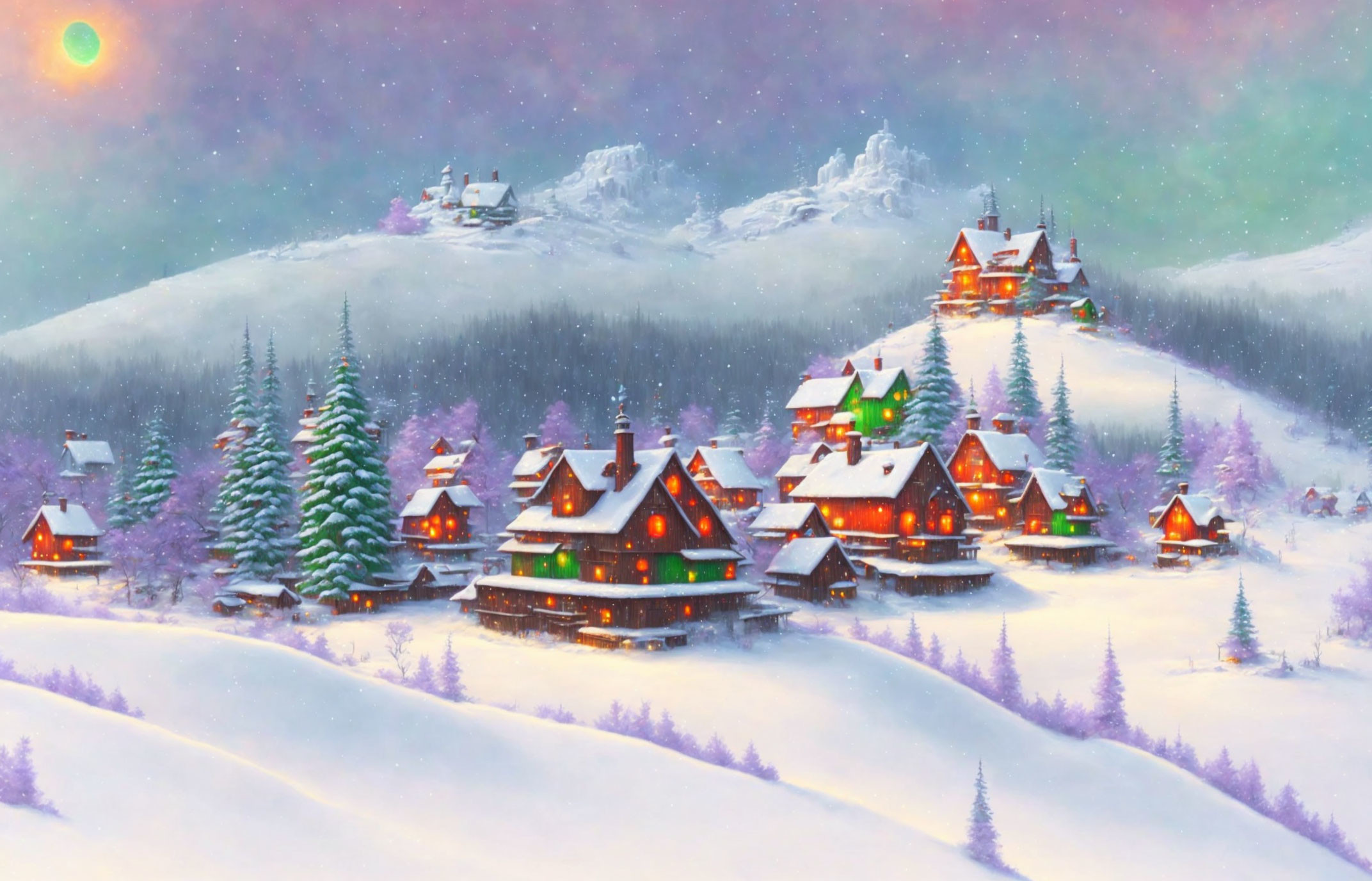 Snowy village with cozy, lit houses under twilight sky and mountains.