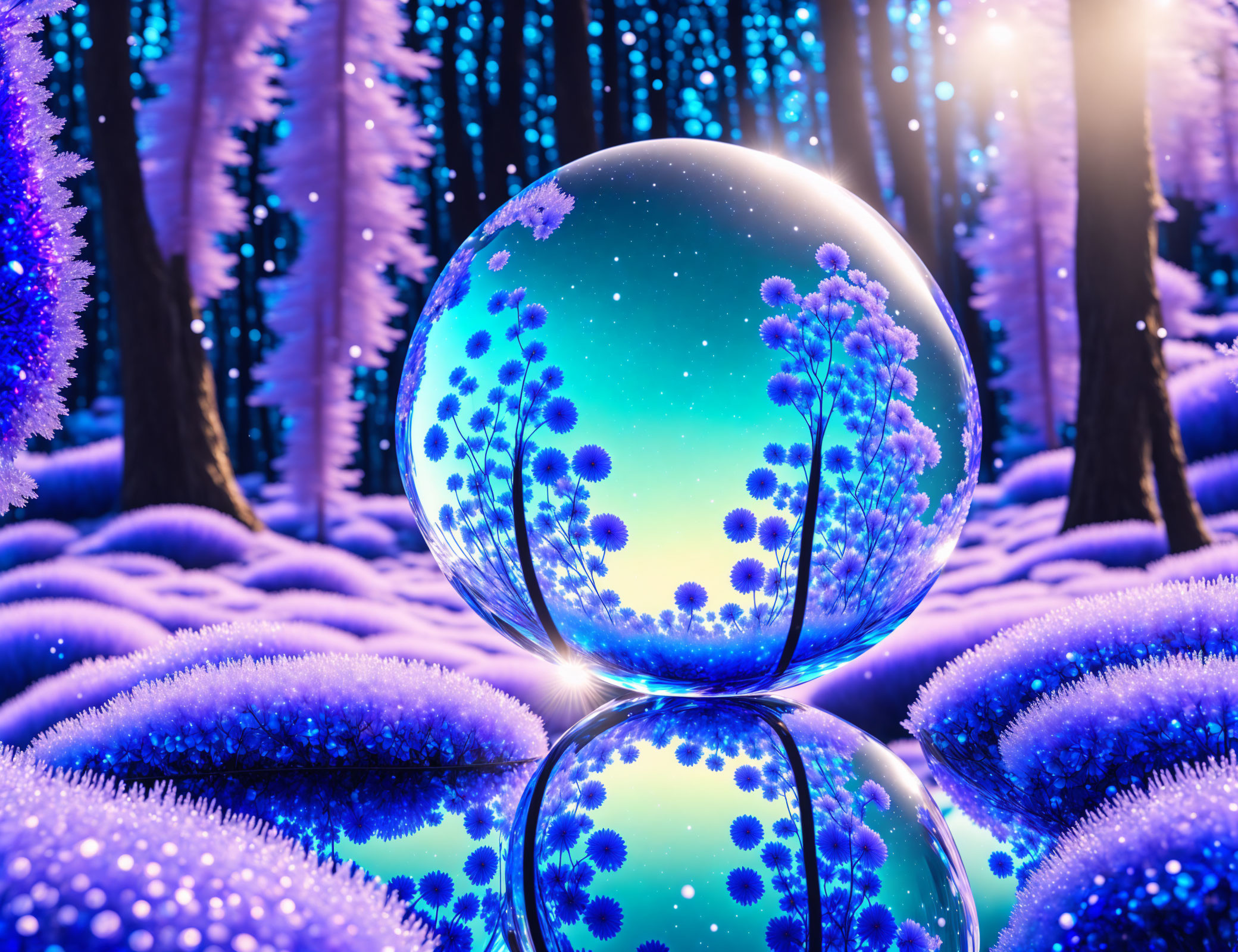 Crystal ball in surreal forest under starry sky
