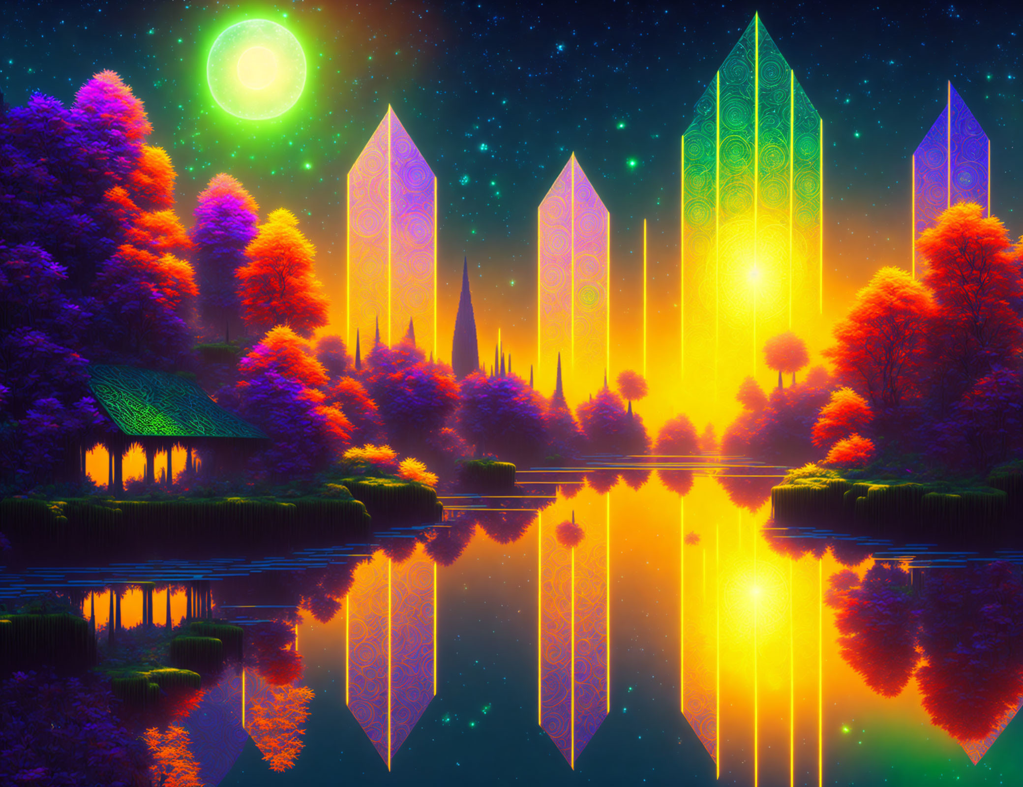 Fantasy landscape with glowing crystals, luminescent trees, calm lake, quaint cottage, radiant moon