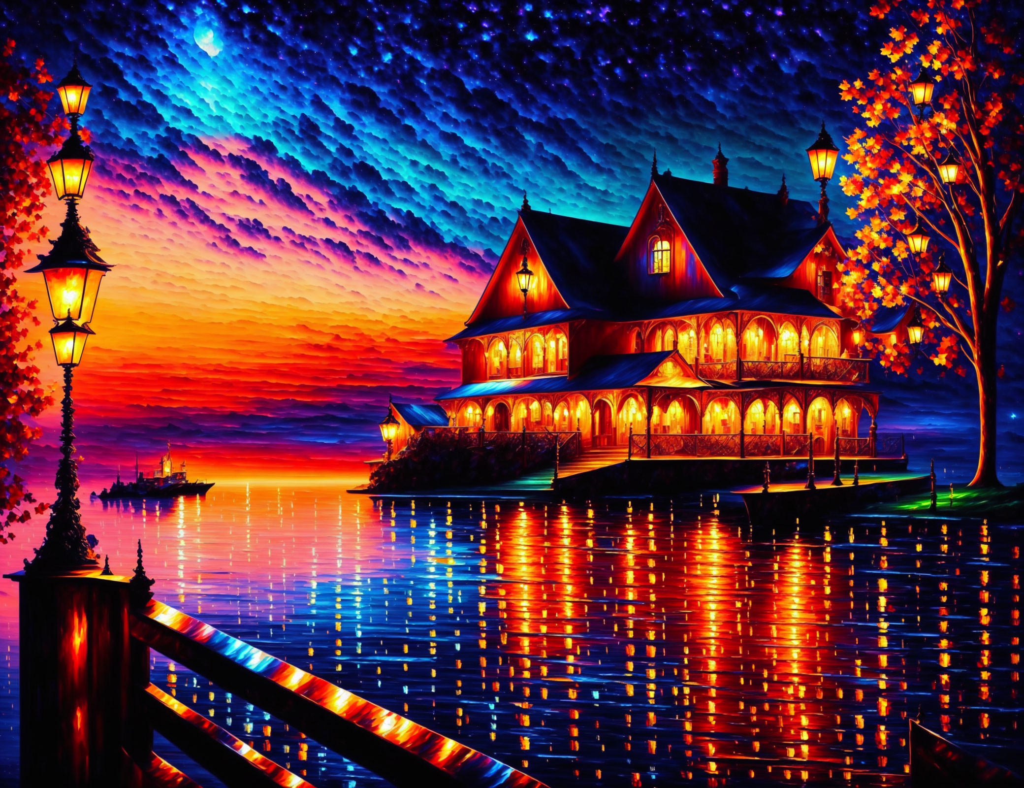 Colorful Lakeside House Painting at Sunset with Lit Lamp Posts