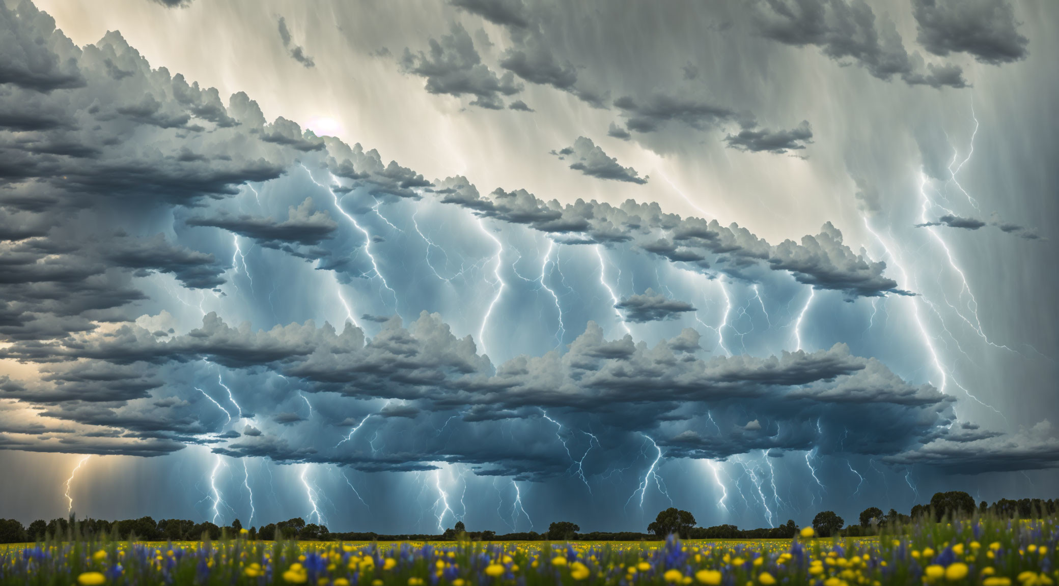 Dramatic thunderstorm with lightning strikes over wildflowers