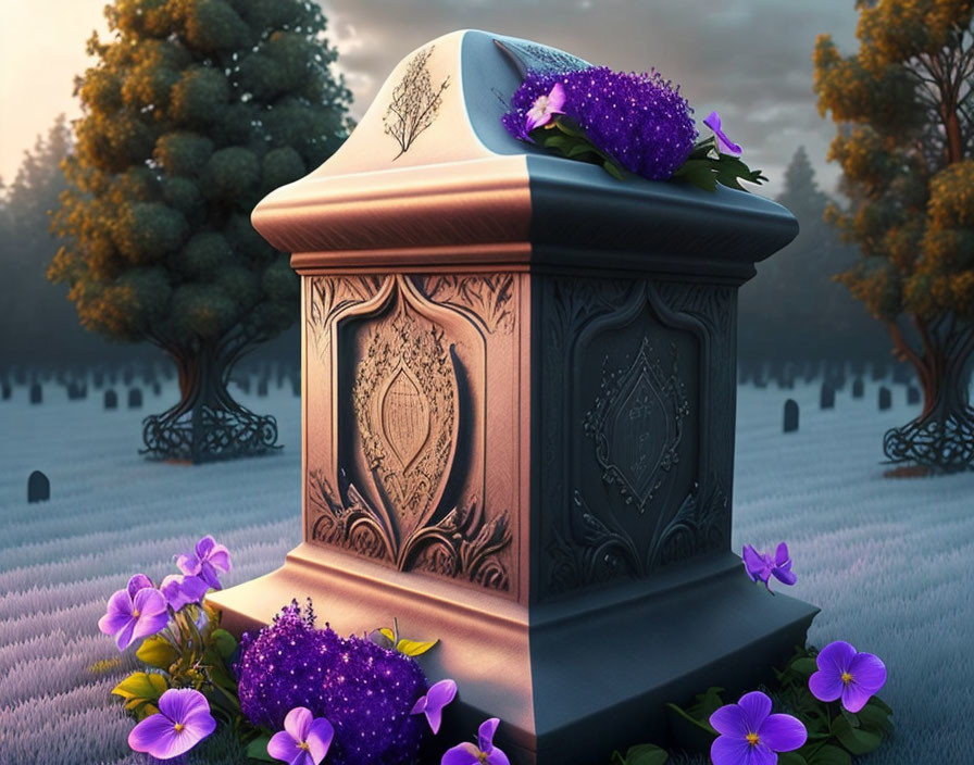 Bronze cemetery monument surrounded by purple flowers and tombstones