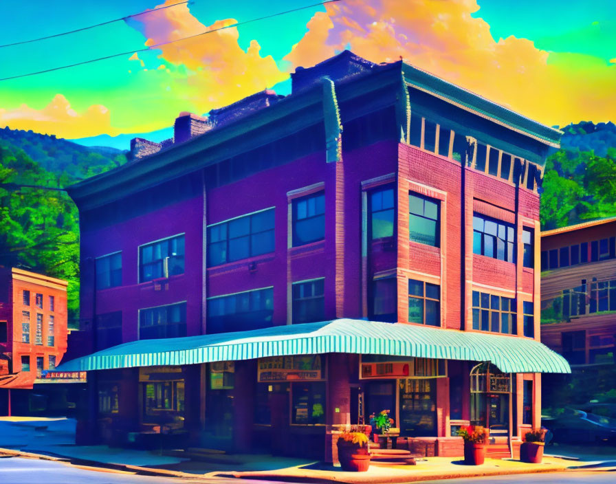 Color-enhanced image: Corner building with green awning under vibrant sky and hills