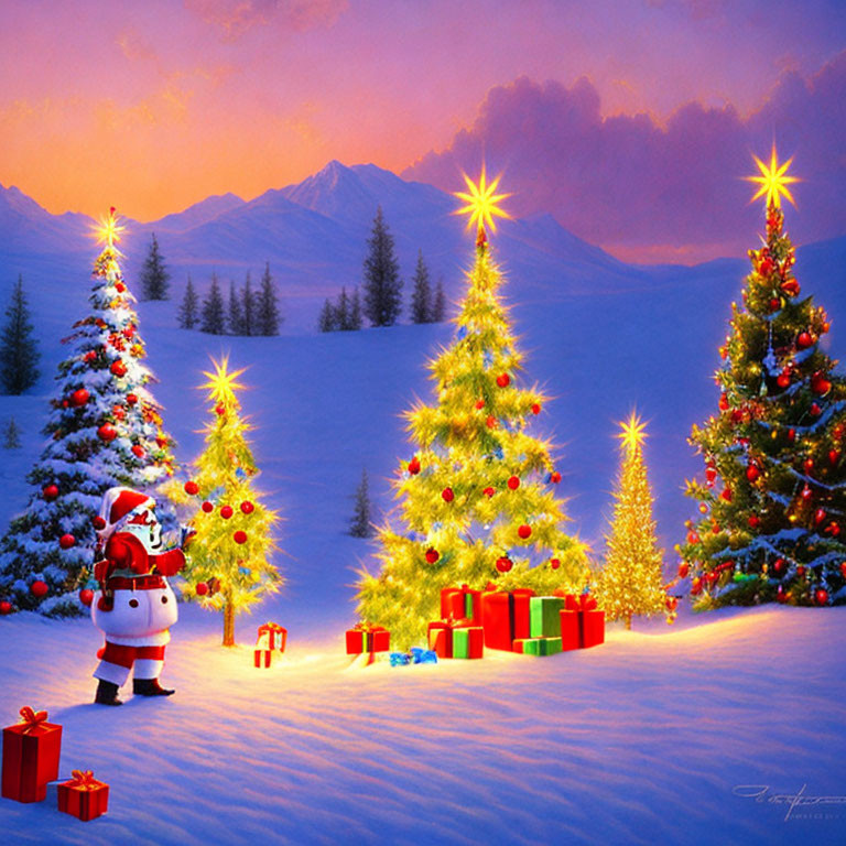 Santa Claus with Christmas trees, gifts, and snowy landscape at dusk