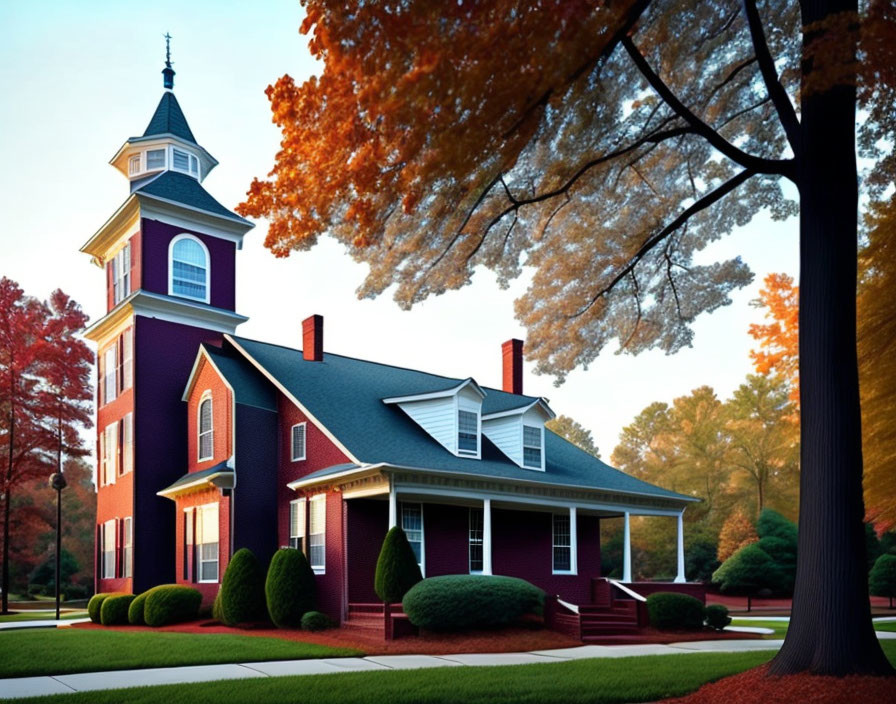 Red House with Blue Tower Surrounded by Autumn Trees at Dusk