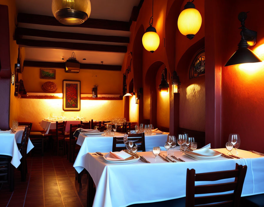 Warmly Lit Restaurant Interior with Set Tables and Artwork on Terracotta Walls