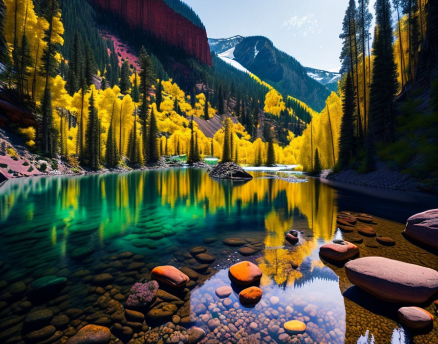 Scenic landscape with blue lake, yellow trees, red rocks, and distant mountains