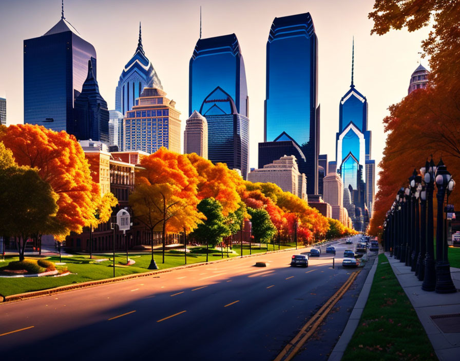 Cityscape with autumn trees and modern skyscrapers under clear sky