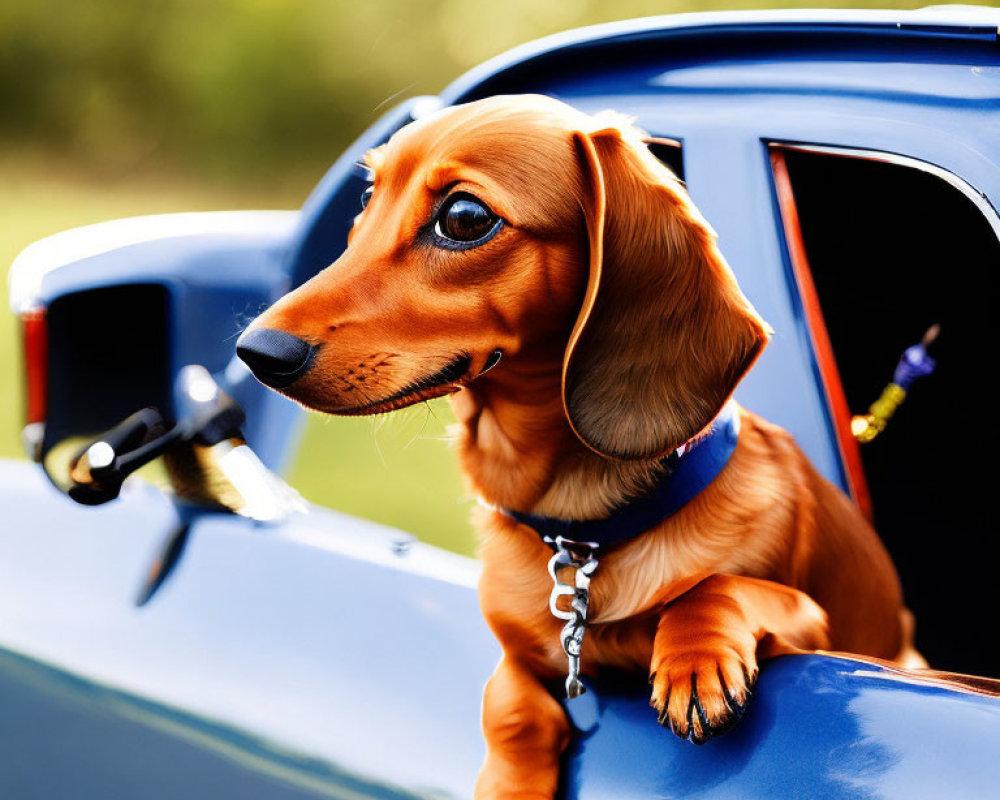 Blue-collar dachshund in toy car window with leash attached