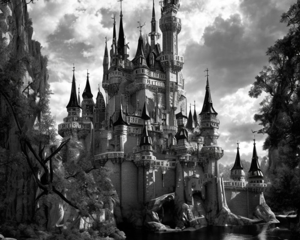 Monochromatic fairytale castle in enchanted forest with spires, lake, and dramatic sky