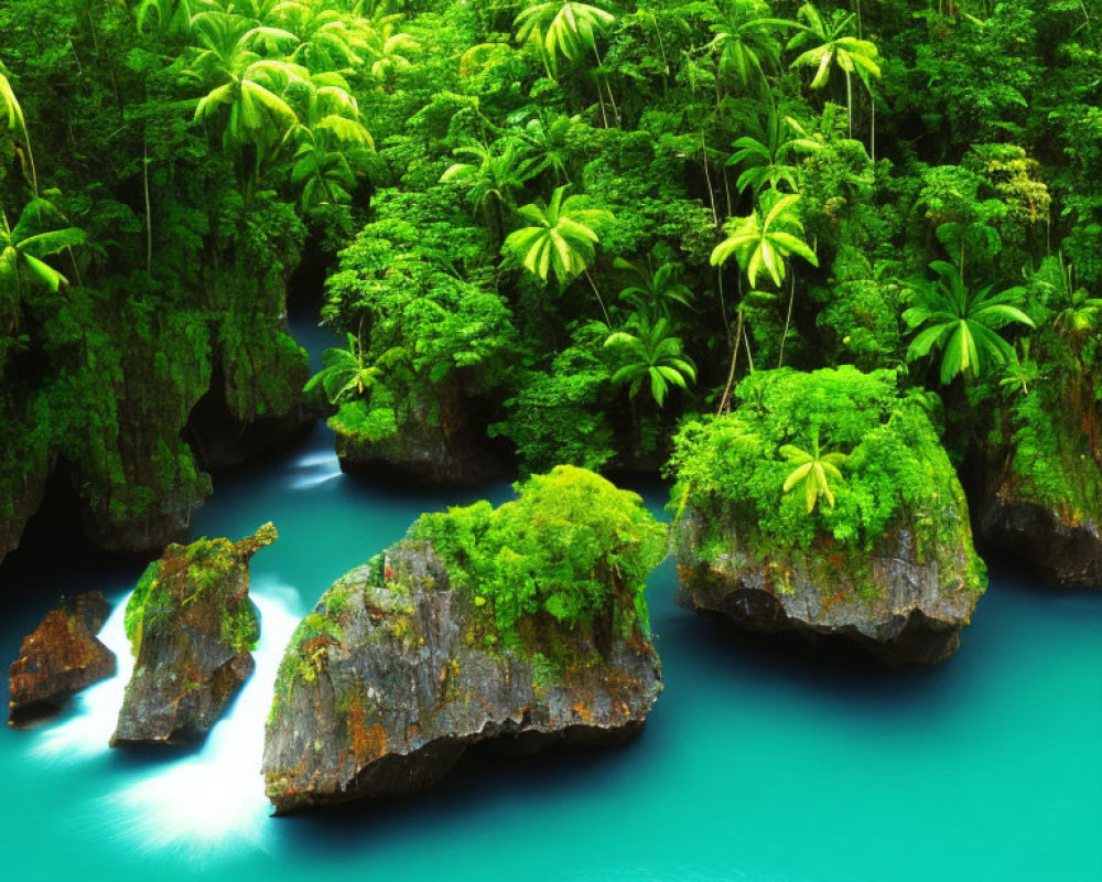 Tropical Rainforest with Vibrant Foliage and Turquoise Water