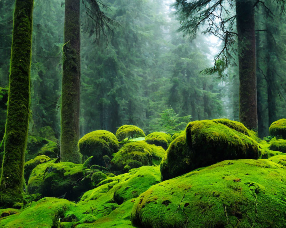 Tranquil Green Forest with Moss-Covered Grounds and Towering Trees