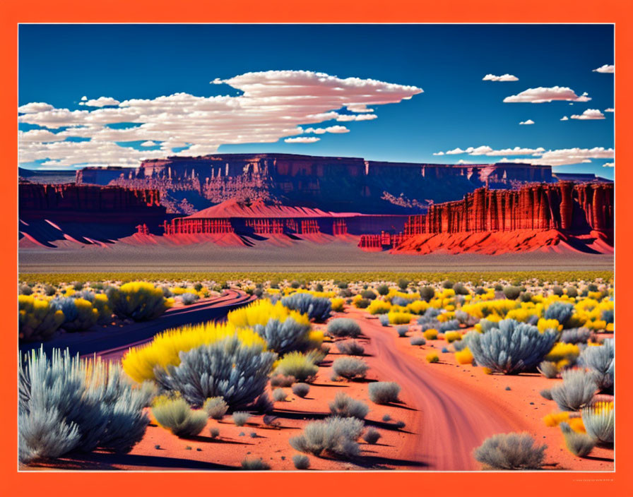 Colorful Desert Landscape with Winding Road and Red Rock Formations