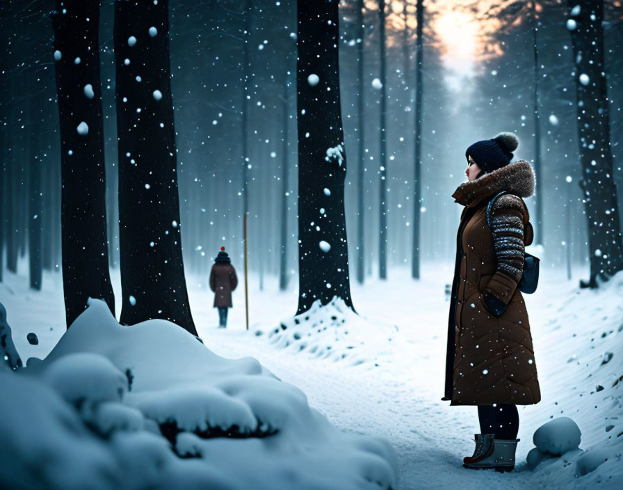 Person in winter clothing on snowy forest path with distant figure & falling snowflakes