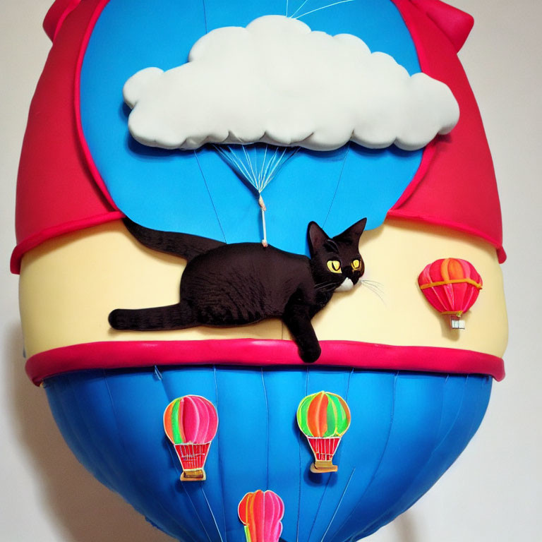 Black Cat Resting on Colorful Hot Air Balloon Cake with Clouds