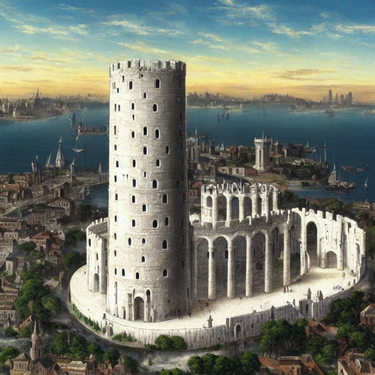 Medieval white stone tower with circular colonnade in ancient cityscape